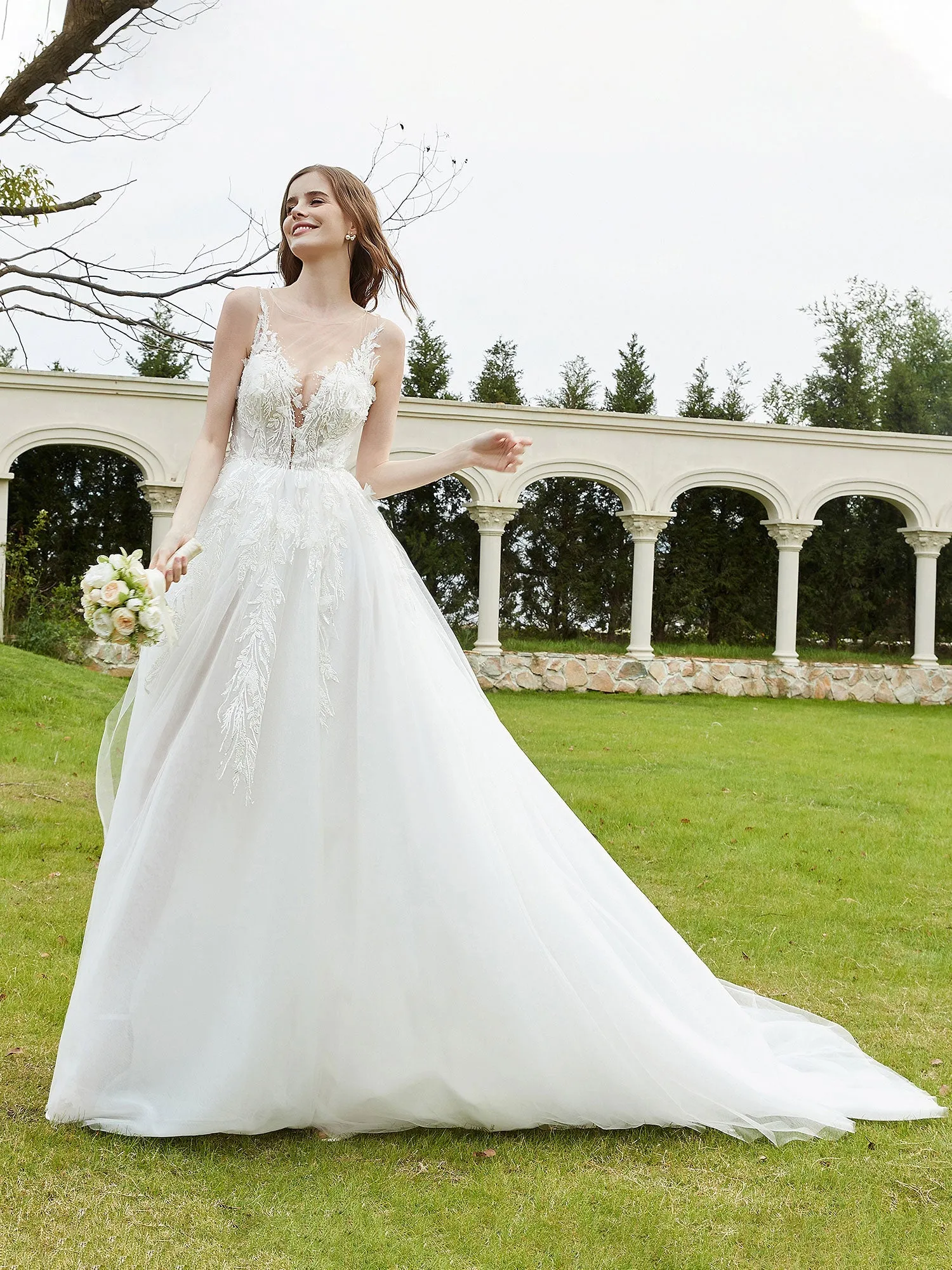 Illusion Plunging V-Neck Lace Bodice Wedding Dress-White