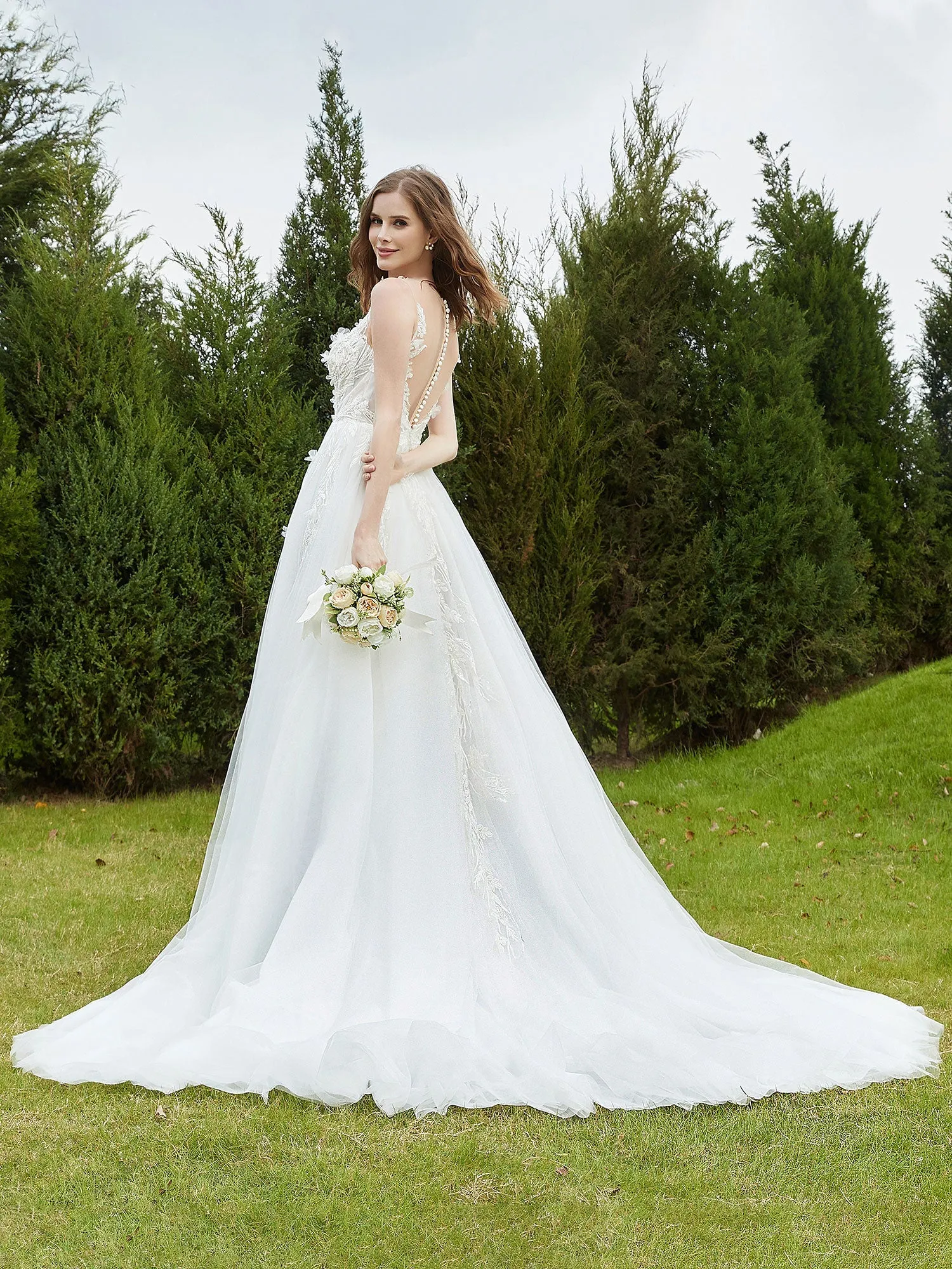 Illusion Plunging V-Neck Lace Bodice Wedding Dress-White