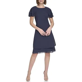 Jessica Howard Women's Chiffon Tiered Style Short Sleeve-Desk to Dinner Dress, Navy, 12 Petite