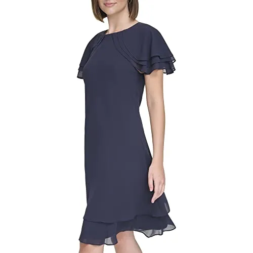 Jessica Howard Women's Chiffon Tiered Style Short Sleeve-Desk to Dinner Dress, Navy, 12 Petite