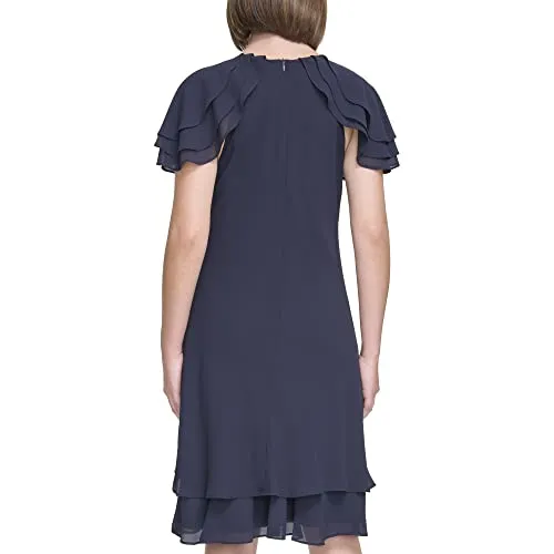 Jessica Howard Women's Chiffon Tiered Style Short Sleeve-Desk to Dinner Dress, Navy, 12 Petite