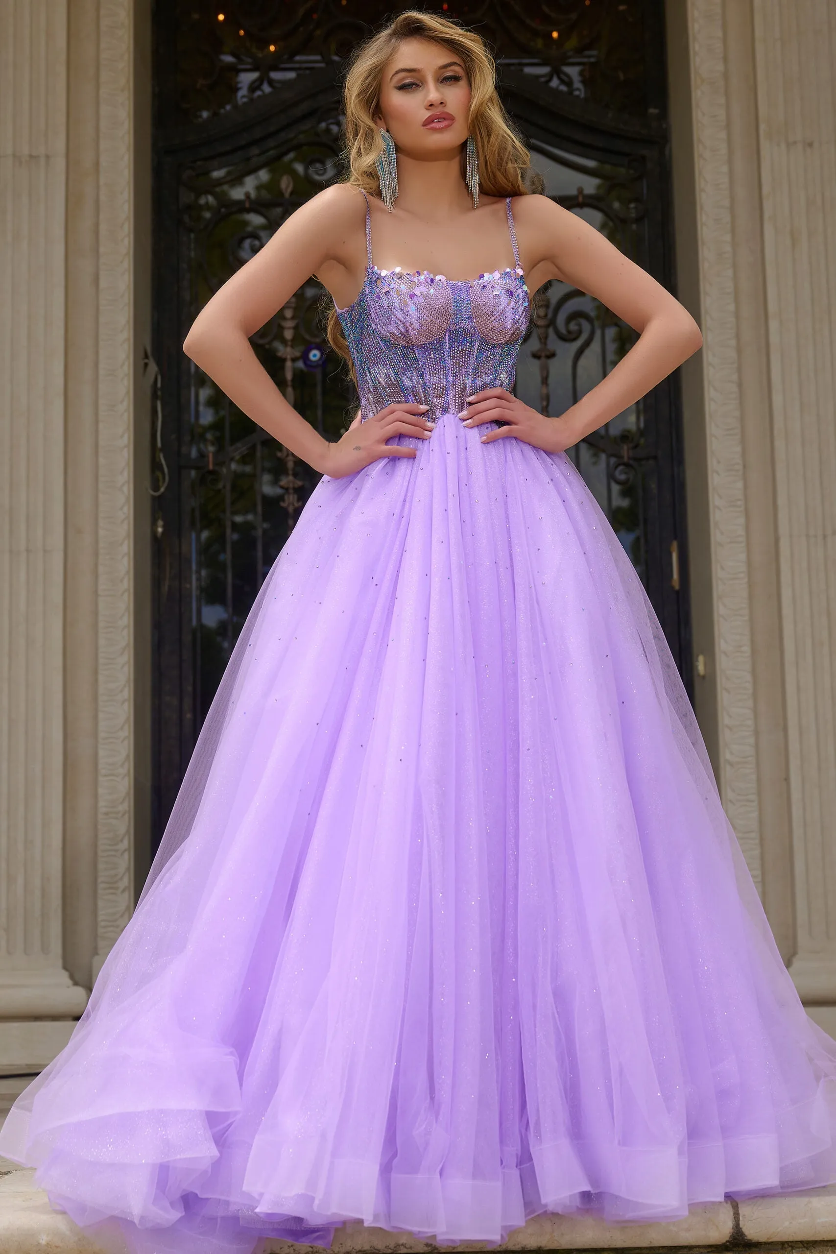 Jovani 44511 Crystal Bodice A Line Shimmer Prom Dress Pageant Gown Tulle Formal Sequin scoop neck