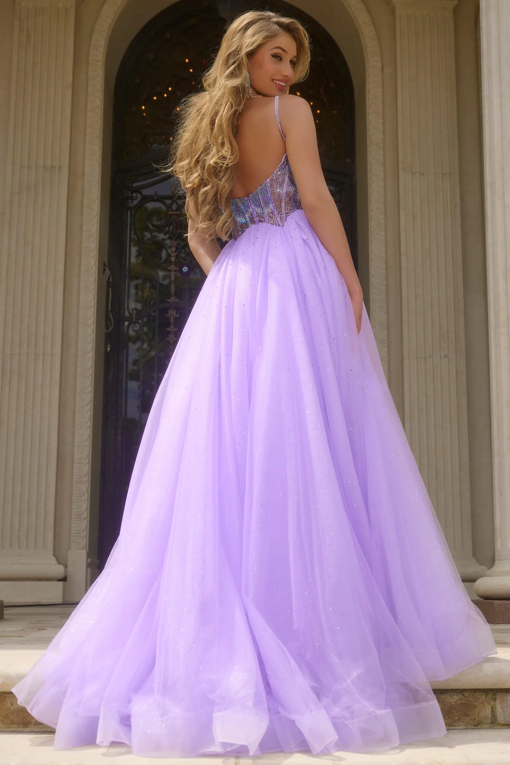 Jovani 44511 Crystal Bodice A Line Shimmer Prom Dress Pageant Gown Tulle Formal Sequin scoop neck