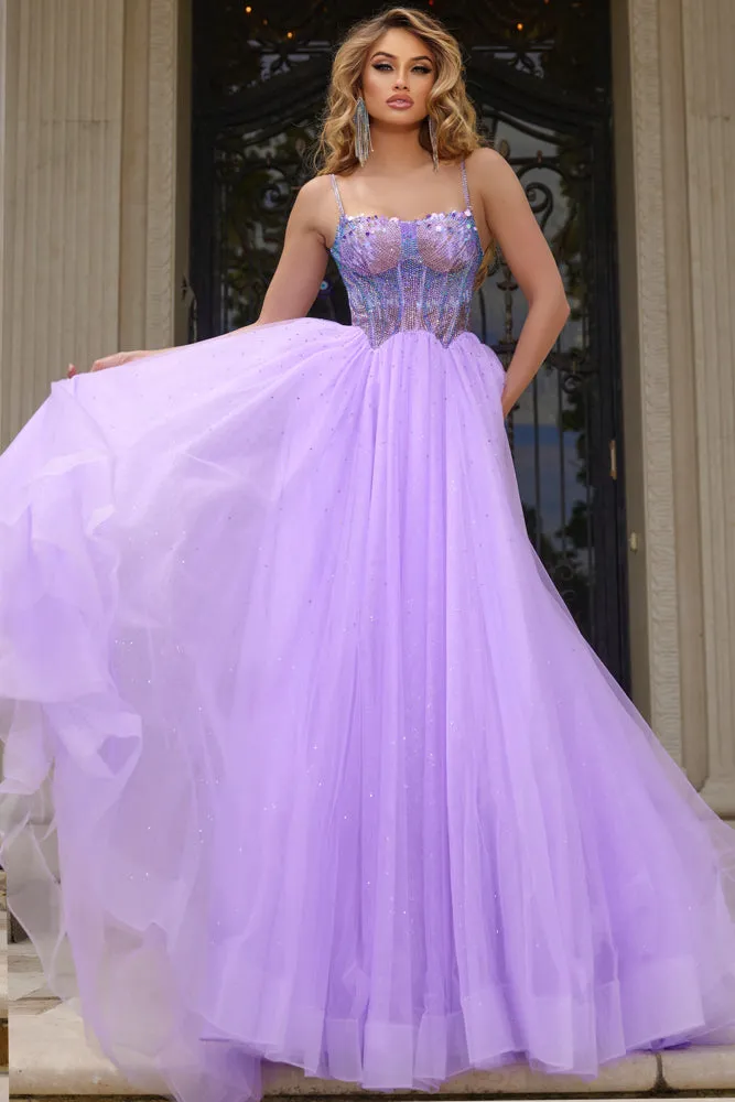 Jovani 44511 Crystal Bodice A Line Shimmer Prom Dress Pageant Gown Tulle Formal Sequin scoop neck