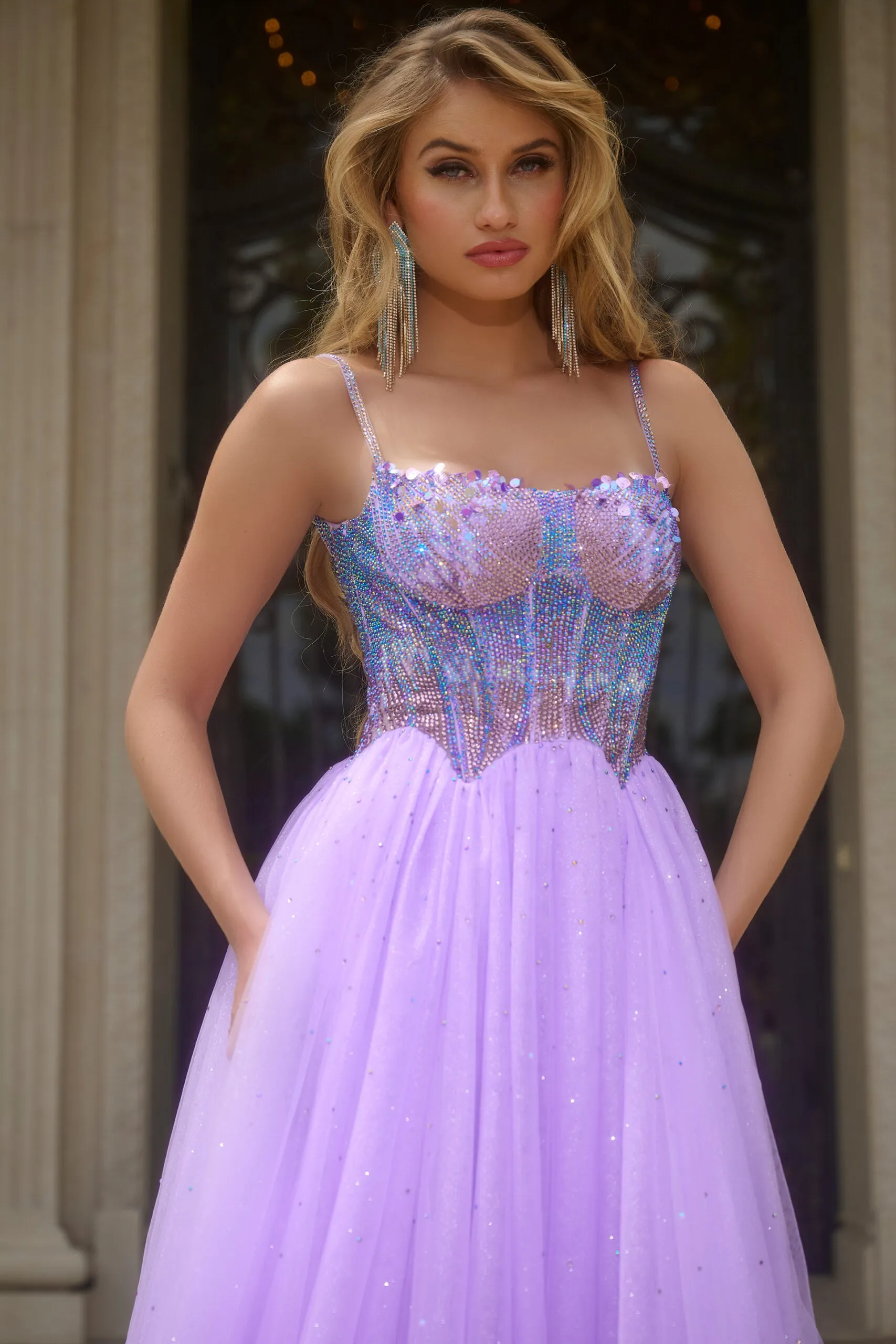 Jovani 44511 Crystal Bodice A Line Shimmer Prom Dress Pageant Gown Tulle Formal Sequin scoop neck