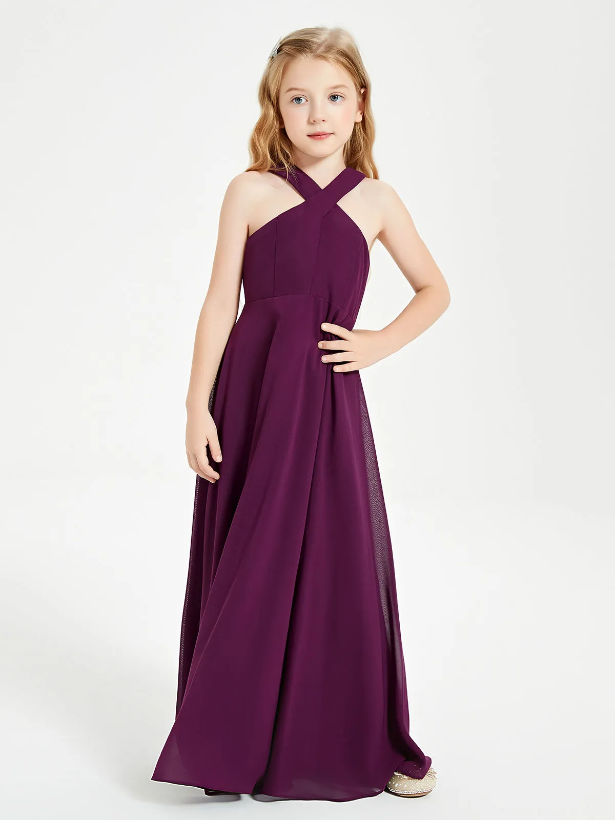 Junior Bridesmaid Dresses Grecian Neckline Floor Length Grape
