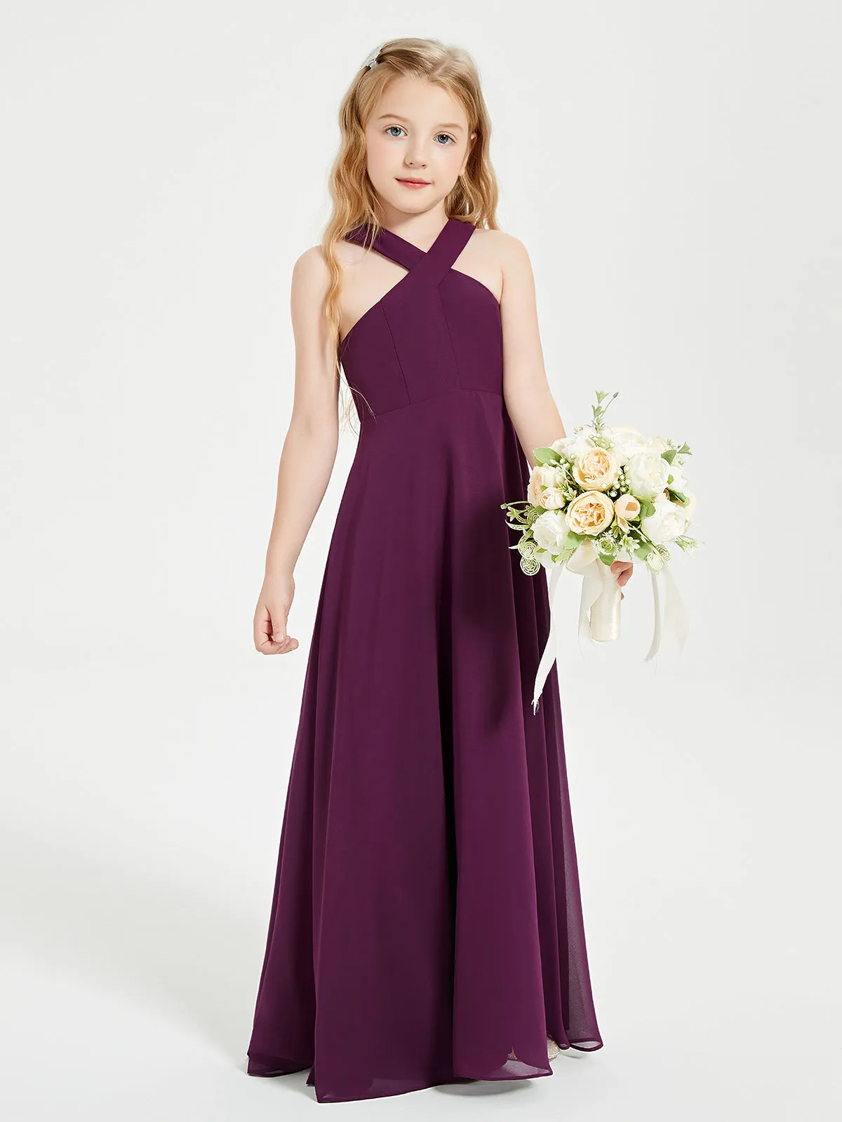 Junior Bridesmaid Dresses Grecian Neckline Floor Length Grape
