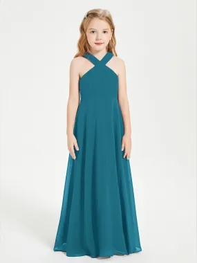 Junior Bridesmaid Dresses Grecian Neckline Floor Length Ink Blue