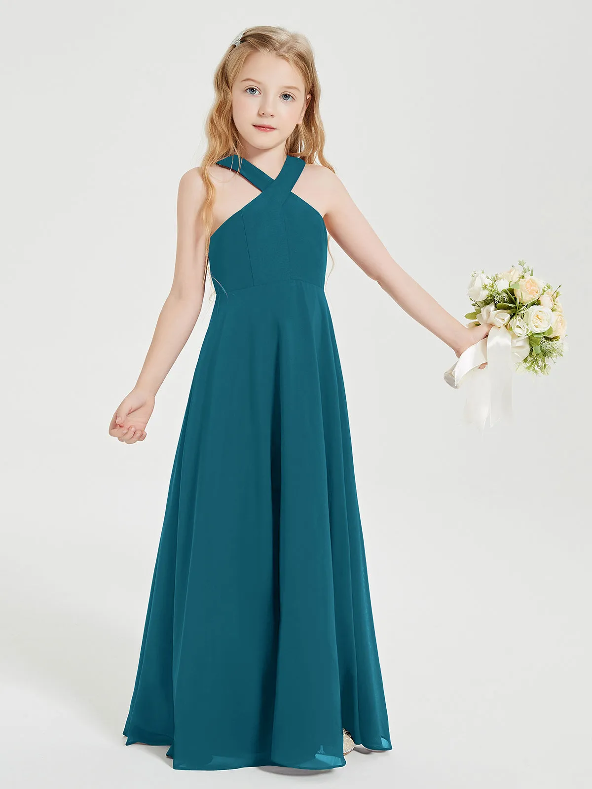 Junior Bridesmaid Dresses Grecian Neckline Floor Length Ink Blue