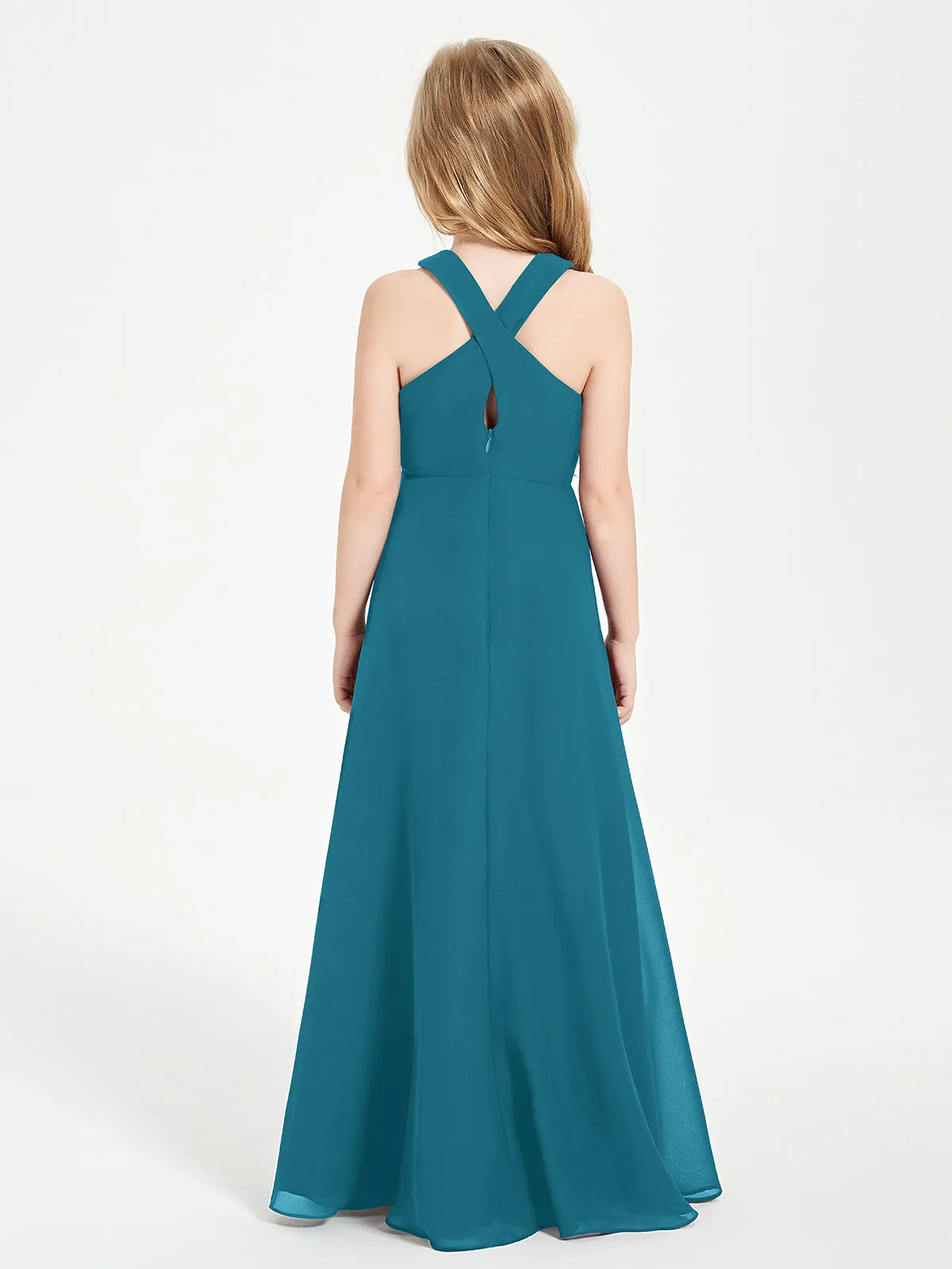 Junior Bridesmaid Dresses Grecian Neckline Floor Length Ink Blue