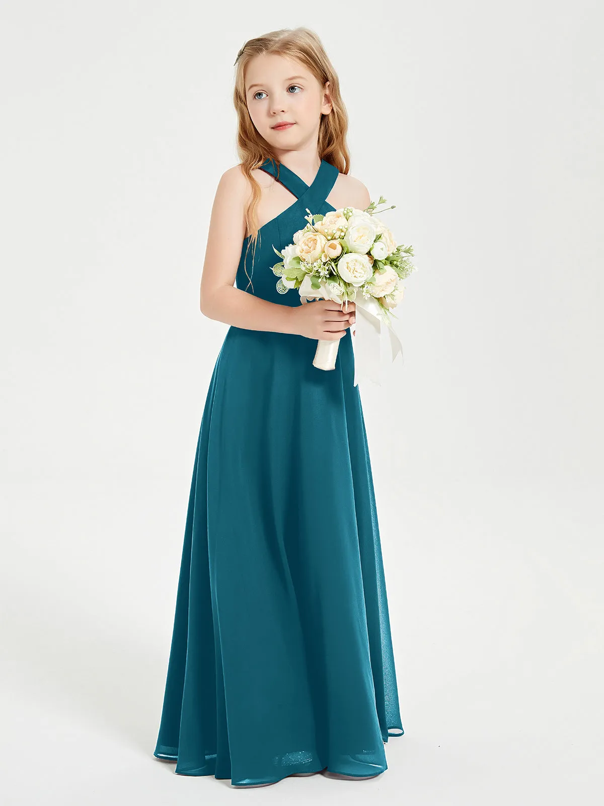 Junior Bridesmaid Dresses Grecian Neckline Floor Length Ink Blue