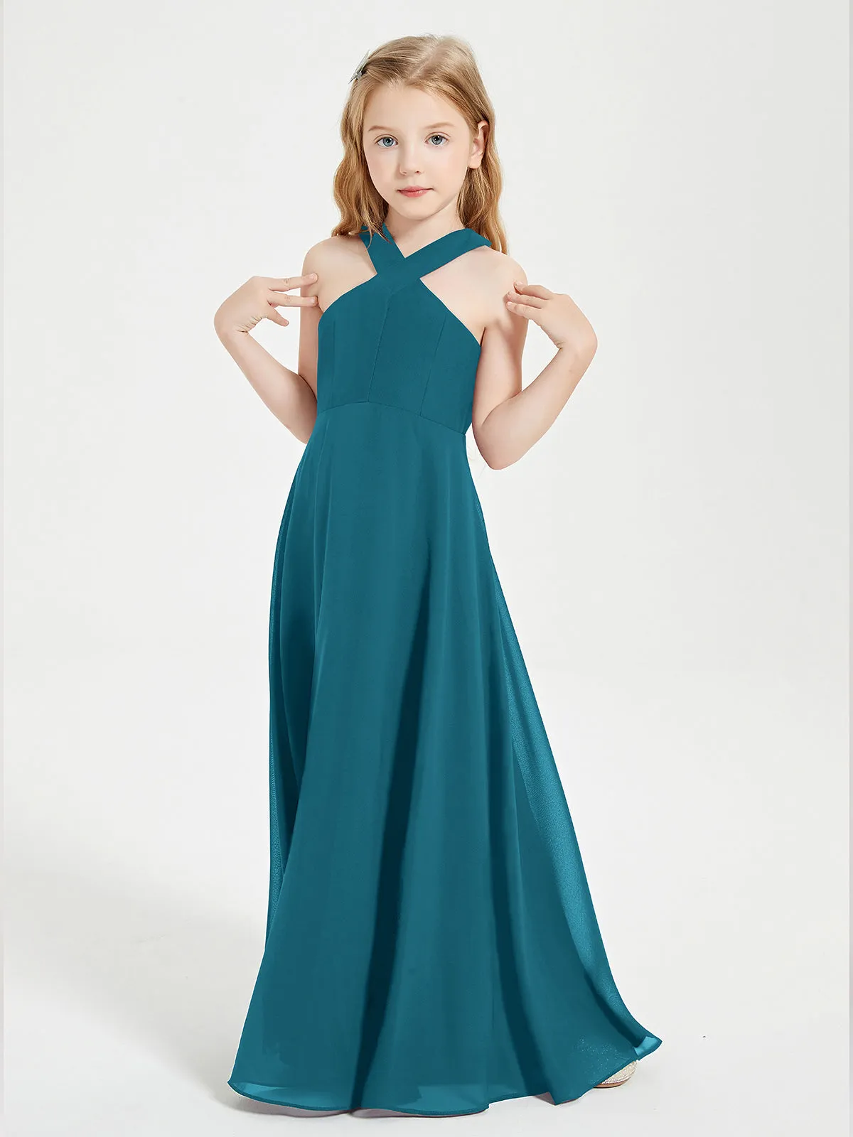 Junior Bridesmaid Dresses Grecian Neckline Floor Length Ink Blue