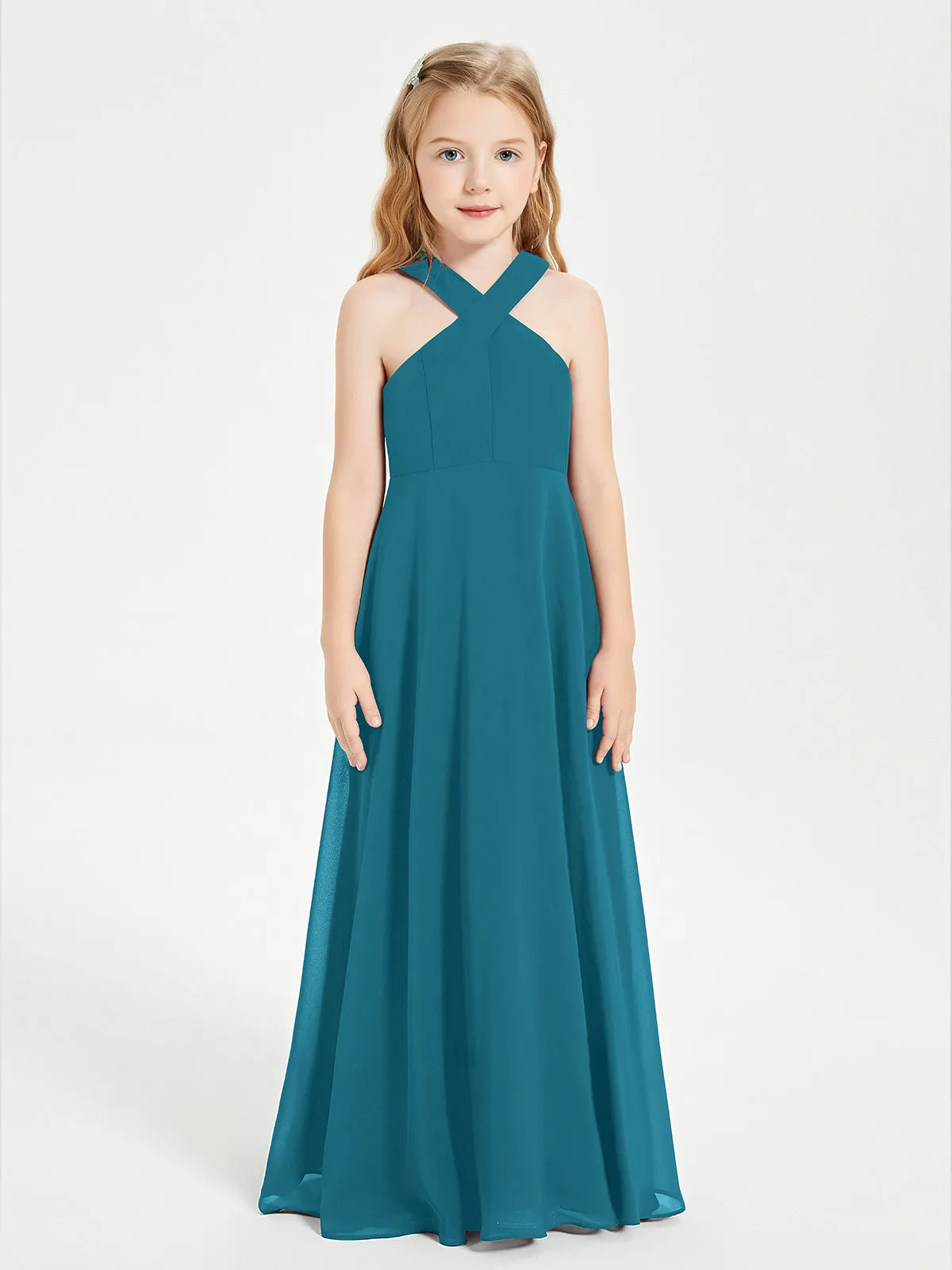 Junior Bridesmaid Dresses Grecian Neckline Floor Length Ink Blue