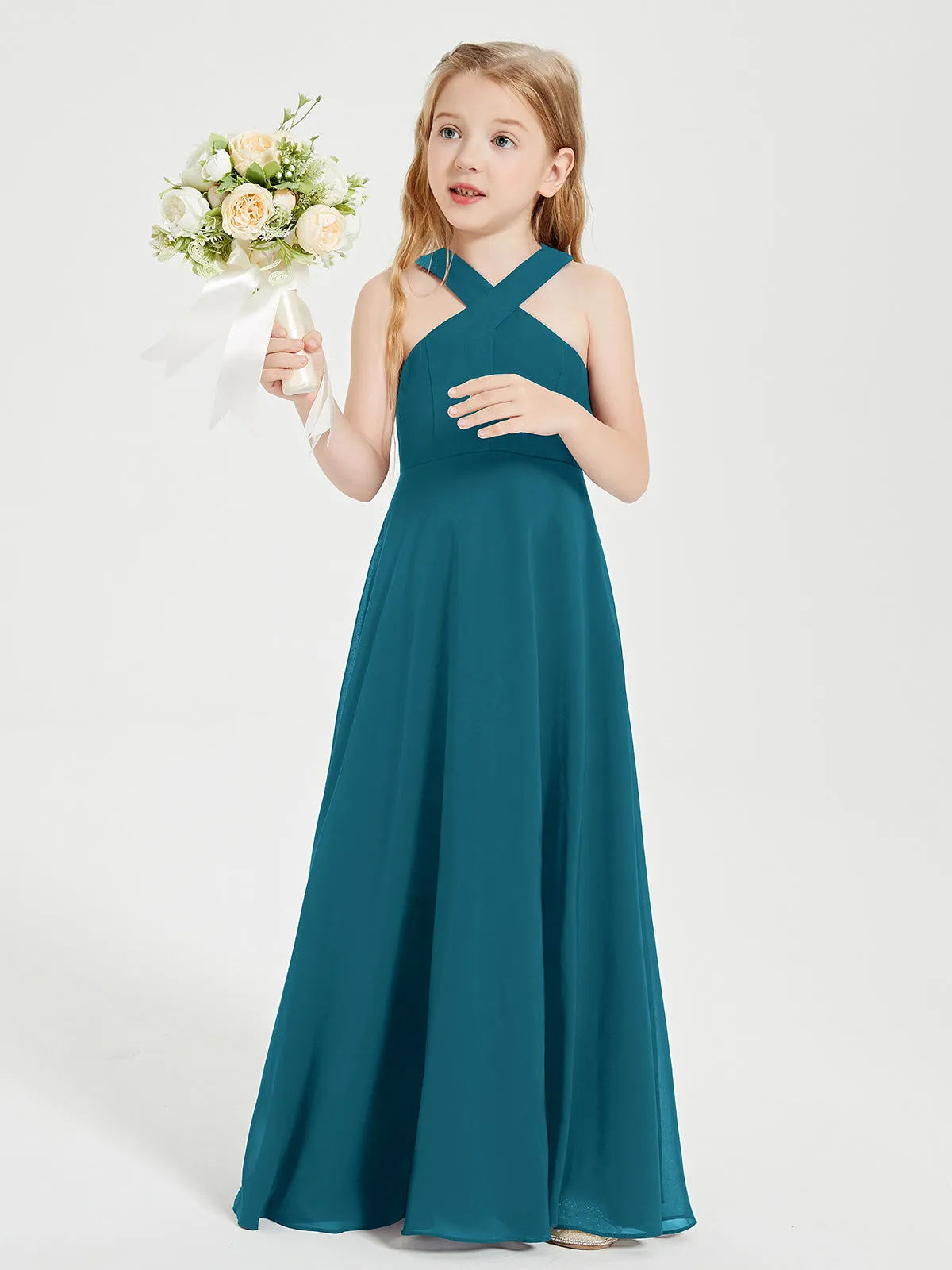 Junior Bridesmaid Dresses Grecian Neckline Floor Length Ink Blue