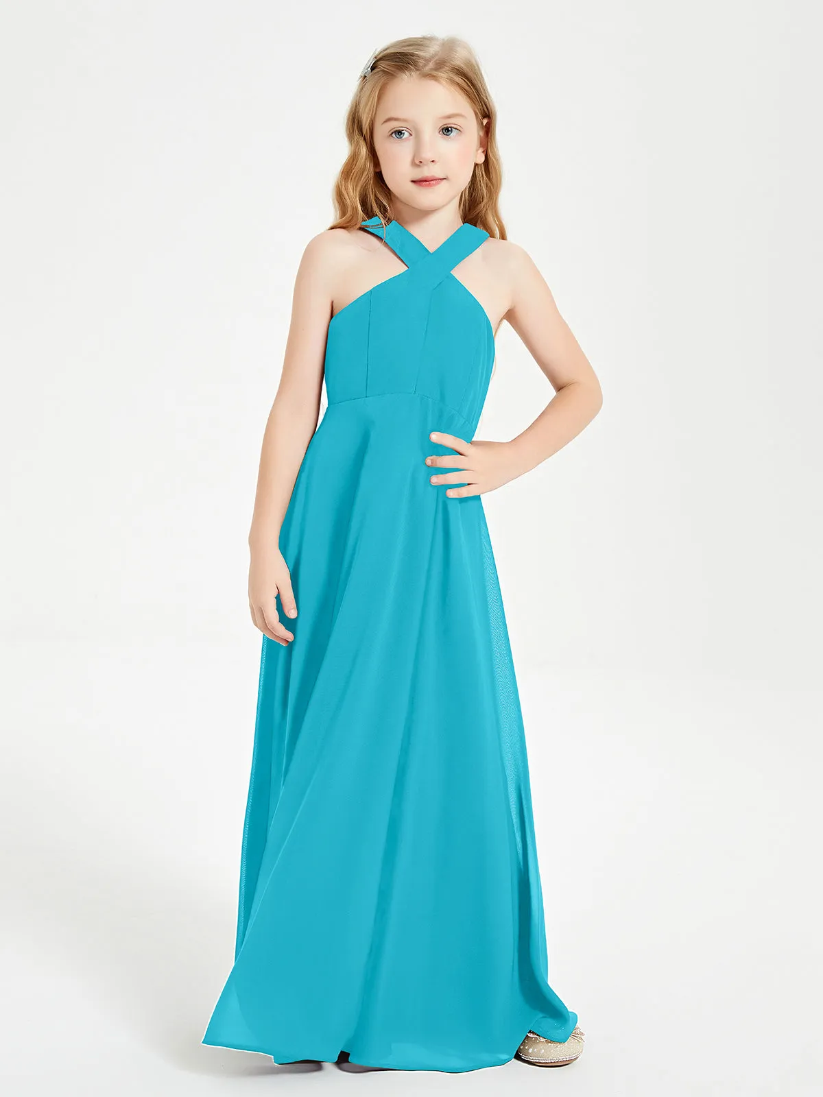 Junior Bridesmaid Dresses Grecian Neckline Floor Length Jade
