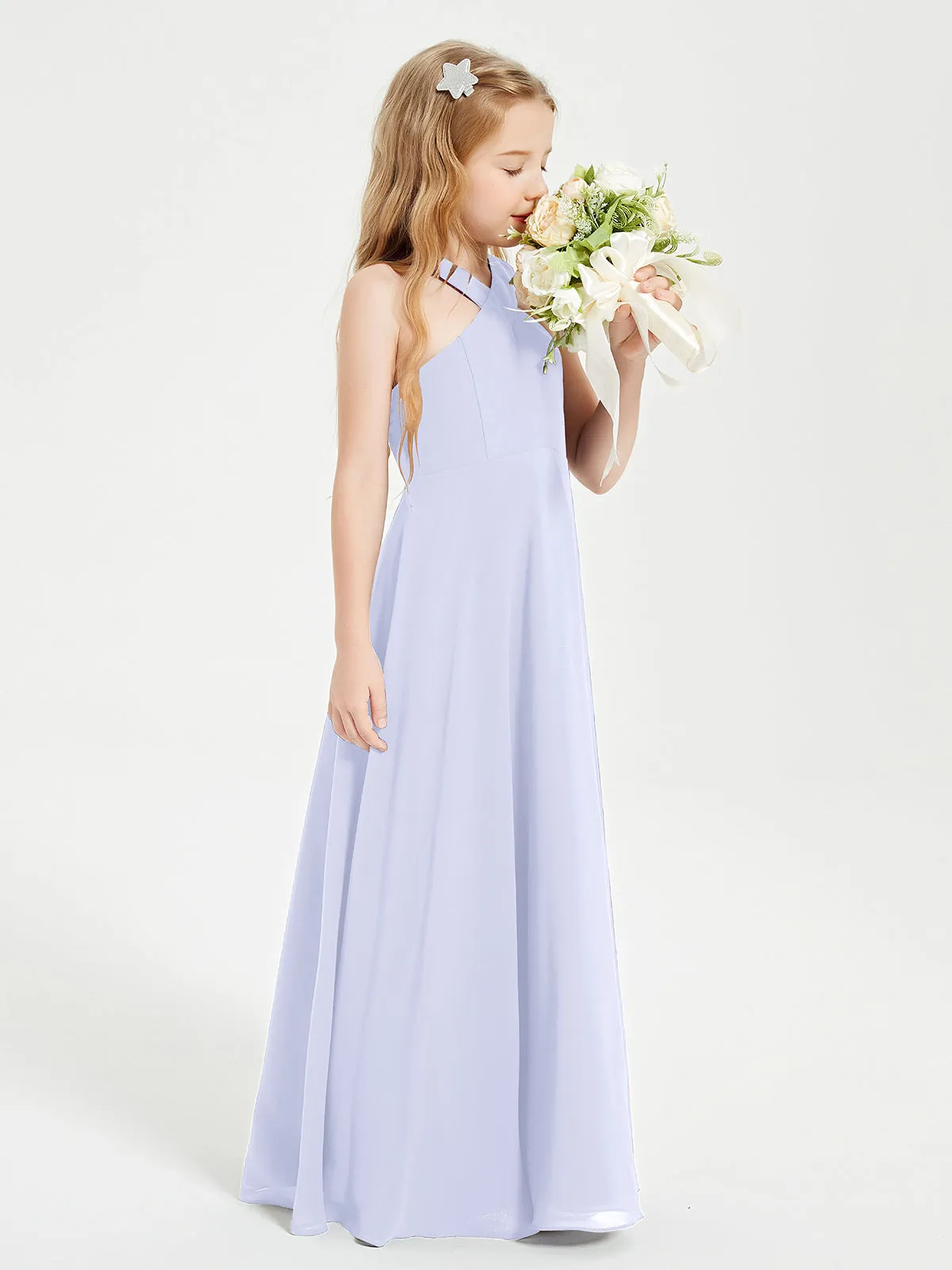 Junior Bridesmaid Dresses Grecian Neckline Floor Length Lavender