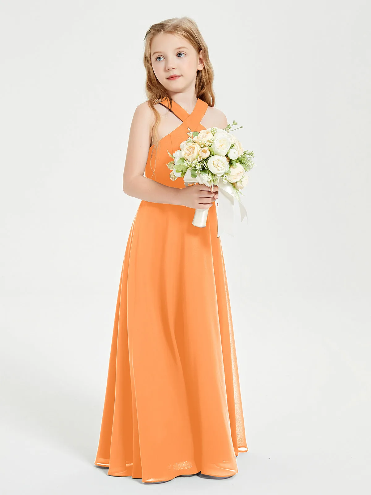 Junior Bridesmaid Dresses Grecian Neckline Floor Length Orange