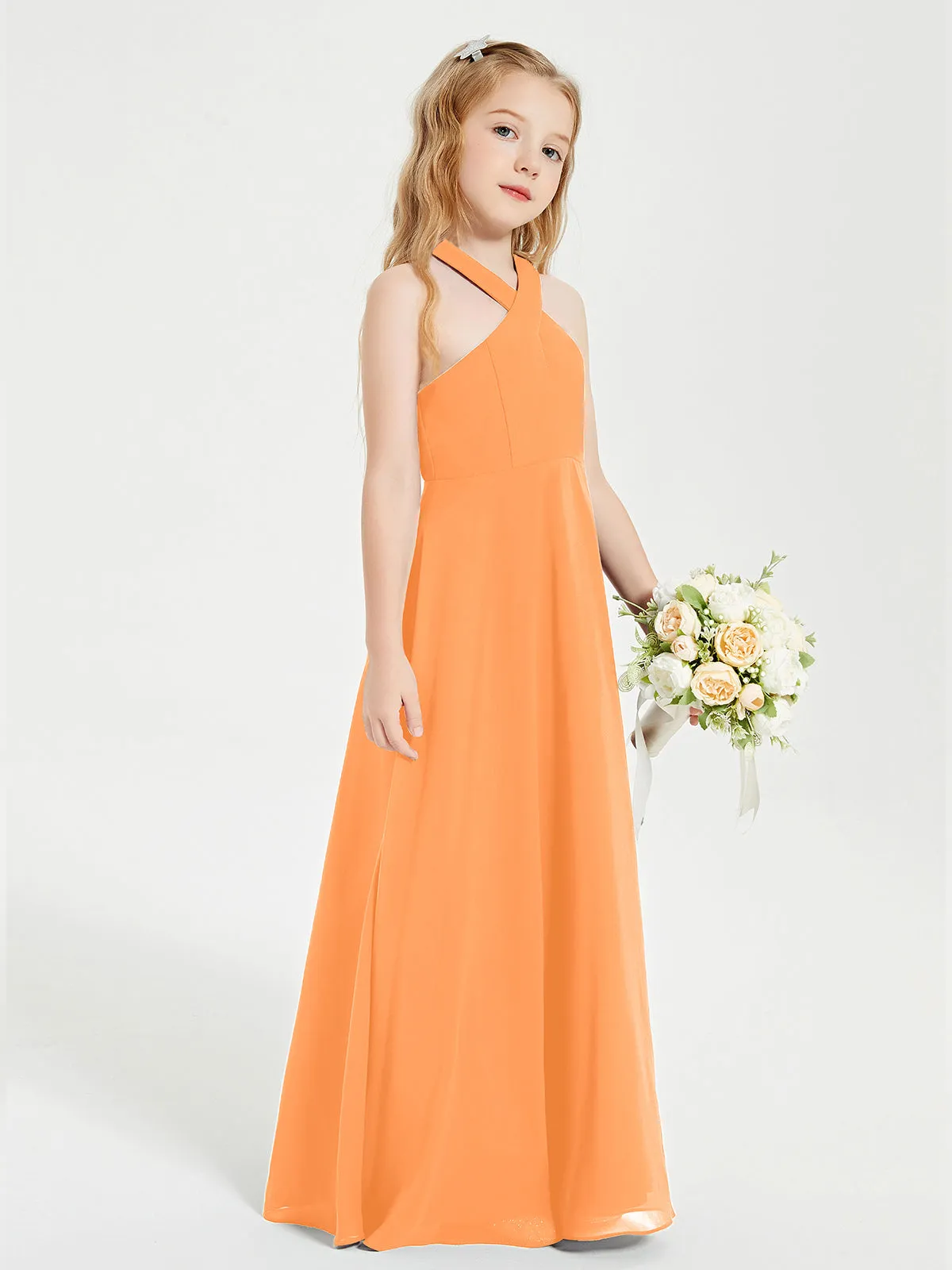 Junior Bridesmaid Dresses Grecian Neckline Floor Length Orange
