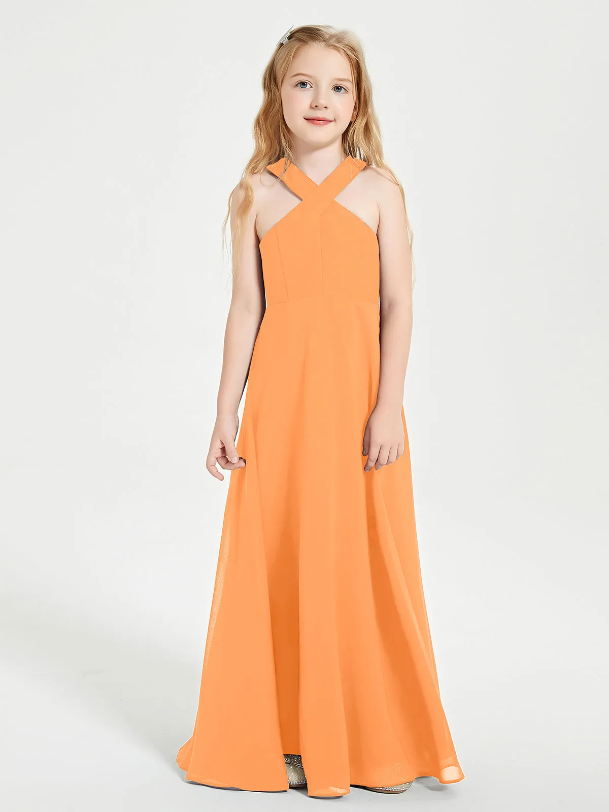 Junior Bridesmaid Dresses Grecian Neckline Floor Length Orange