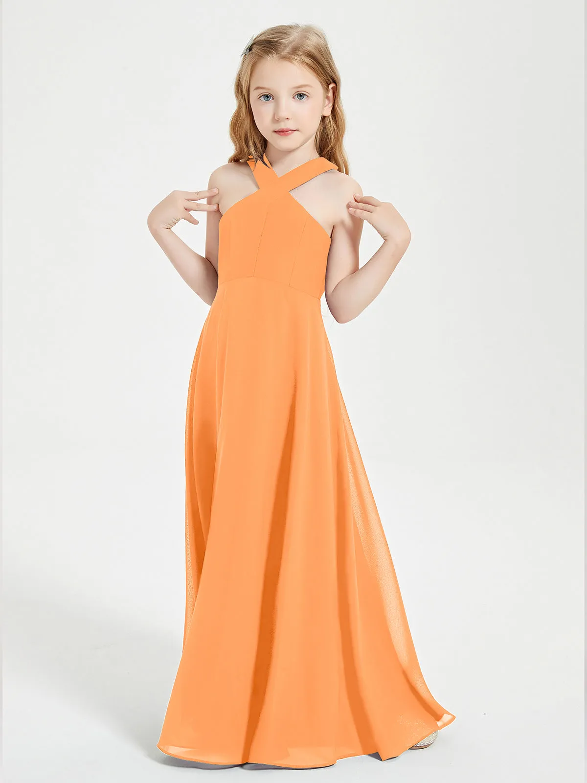 Junior Bridesmaid Dresses Grecian Neckline Floor Length Orange