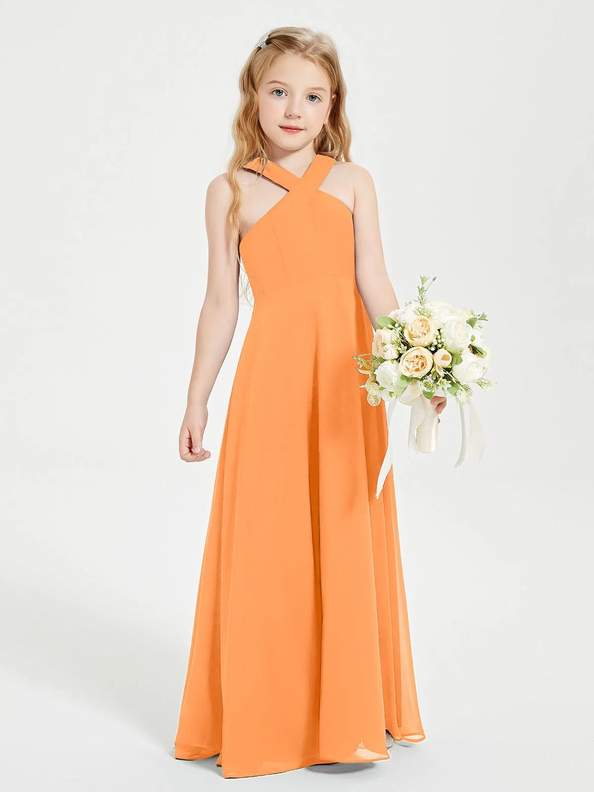 Junior Bridesmaid Dresses Grecian Neckline Floor Length Orange