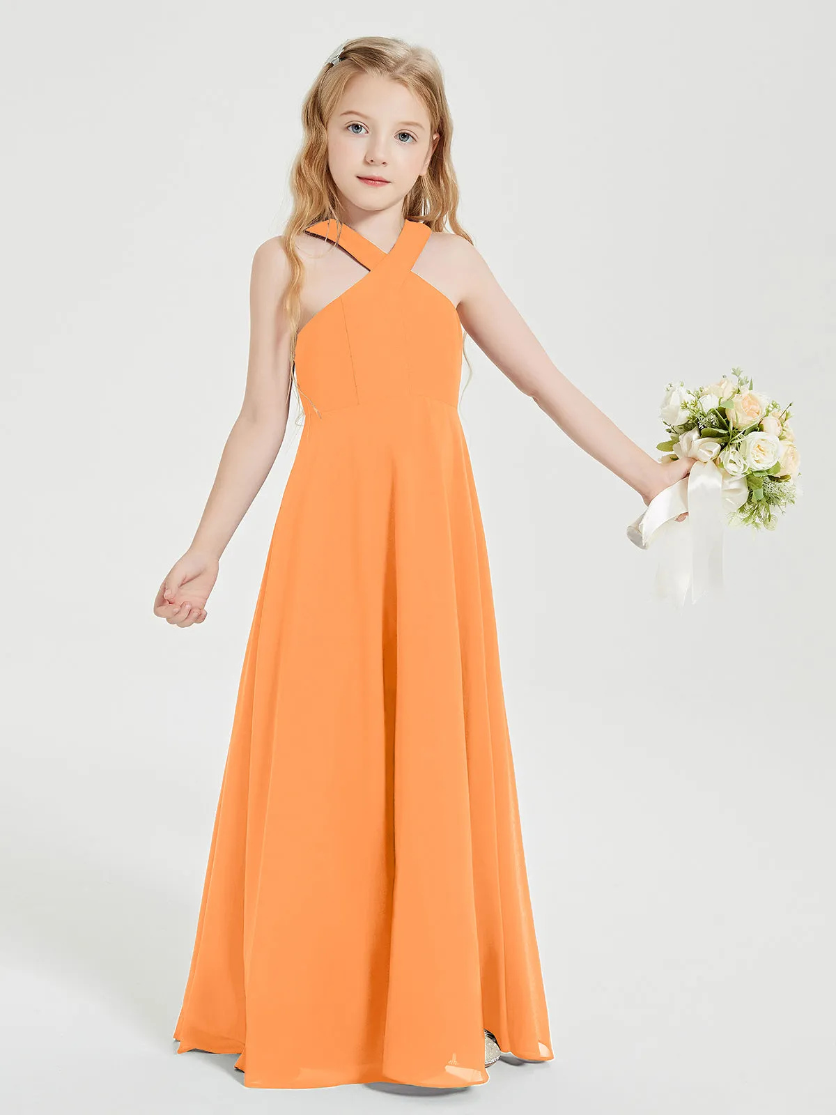Junior Bridesmaid Dresses Grecian Neckline Floor Length Orange