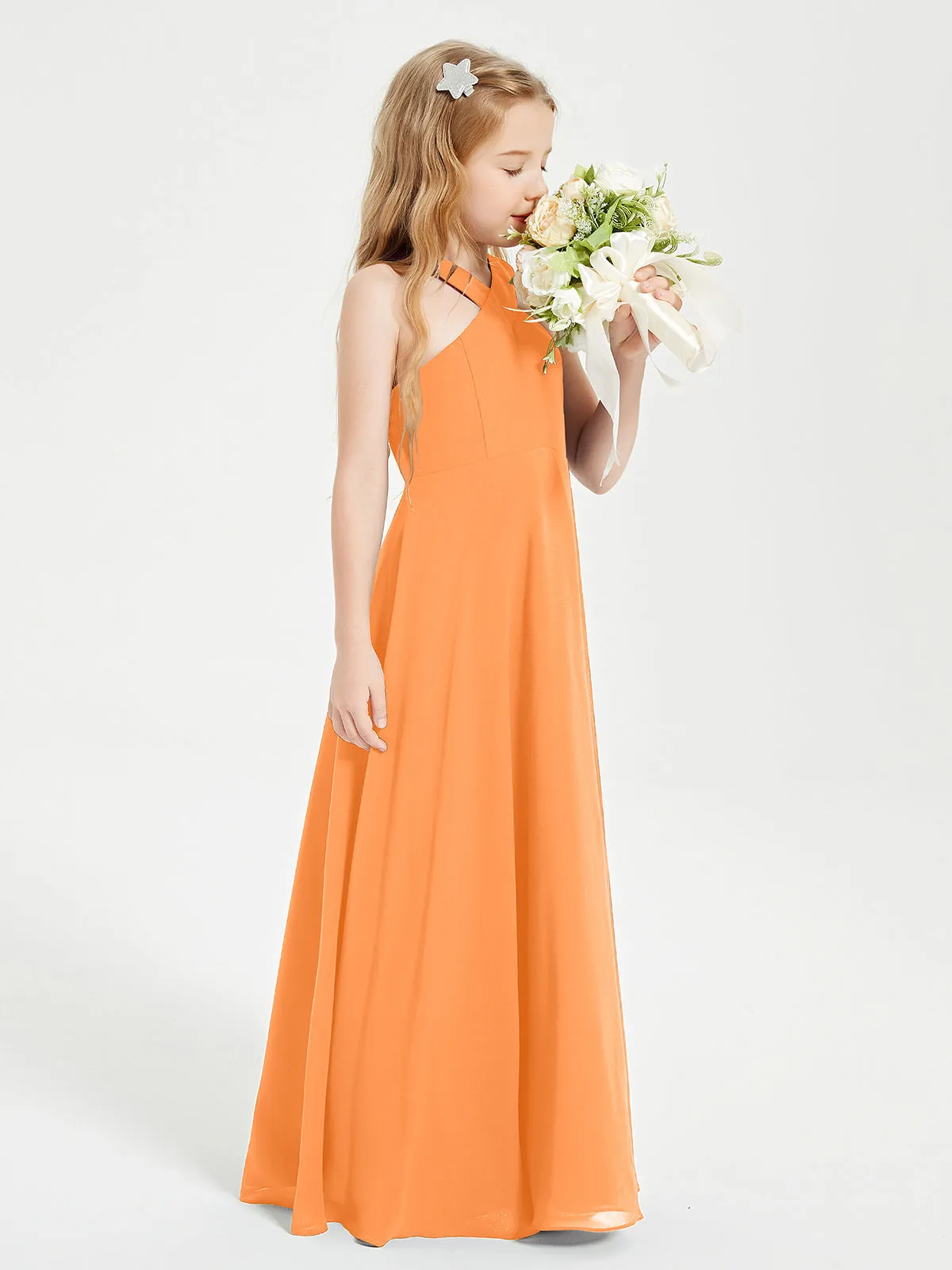 Junior Bridesmaid Dresses Grecian Neckline Floor Length Orange