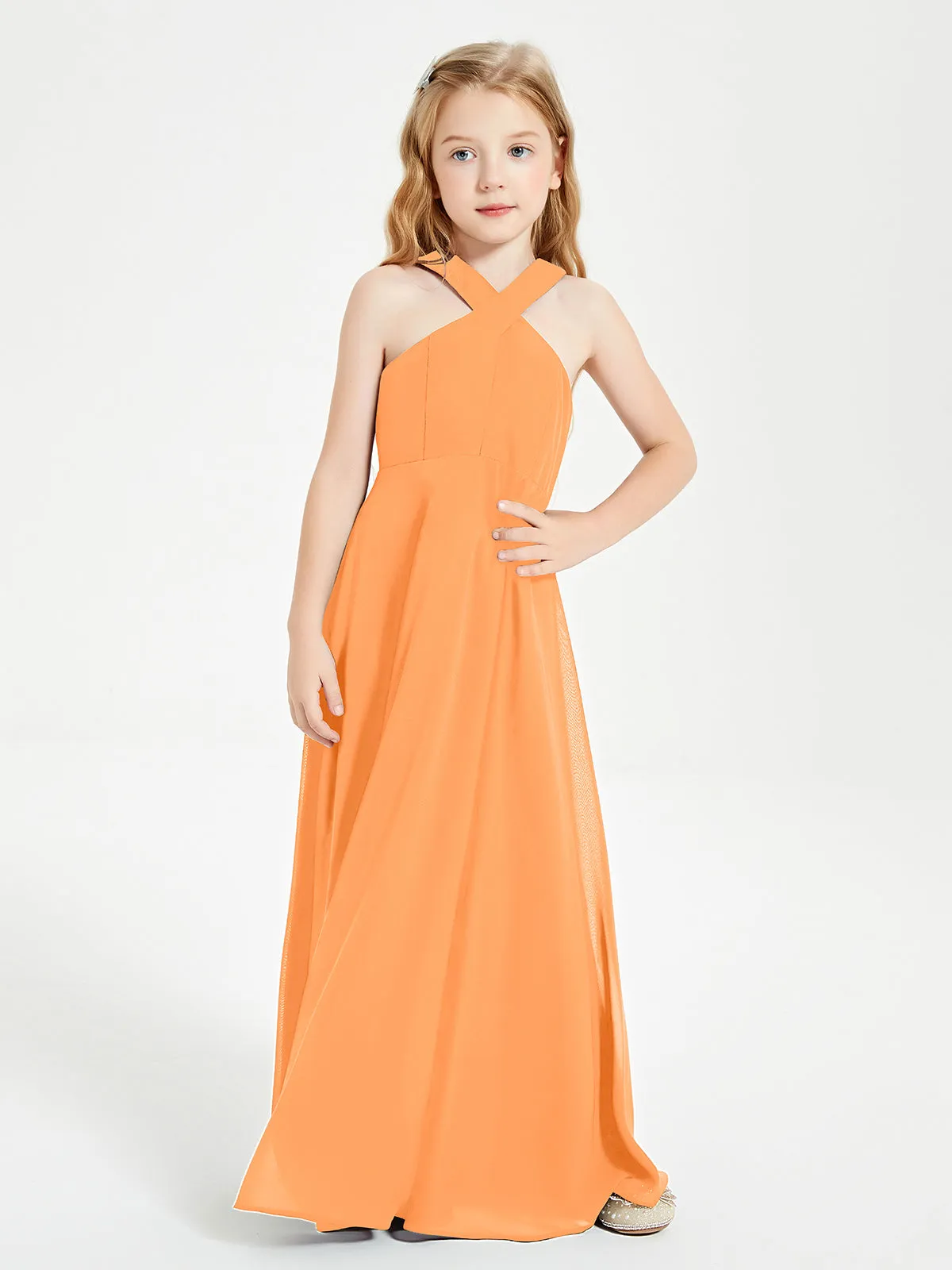 Junior Bridesmaid Dresses Grecian Neckline Floor Length Orange