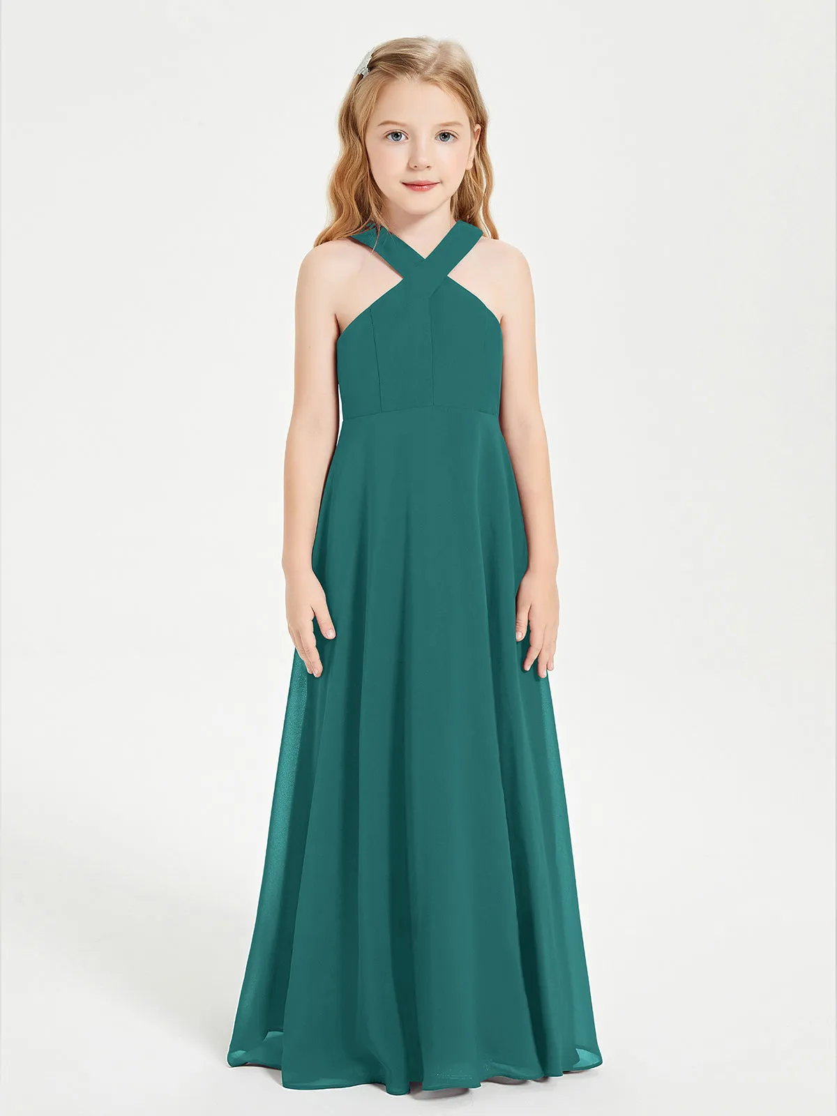 Junior Bridesmaid Dresses Grecian Neckline Floor Length Peacock