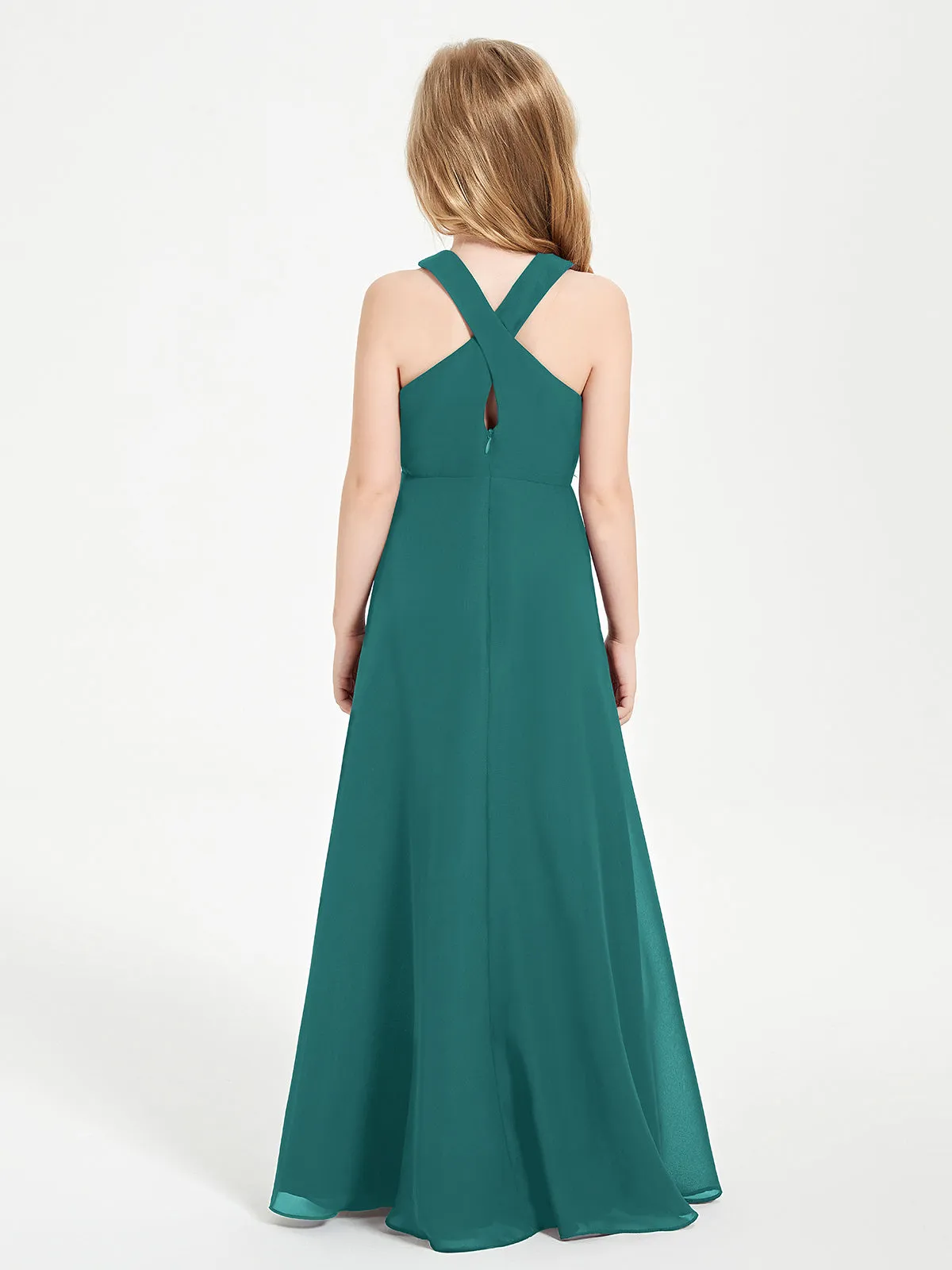 Junior Bridesmaid Dresses Grecian Neckline Floor Length Peacock