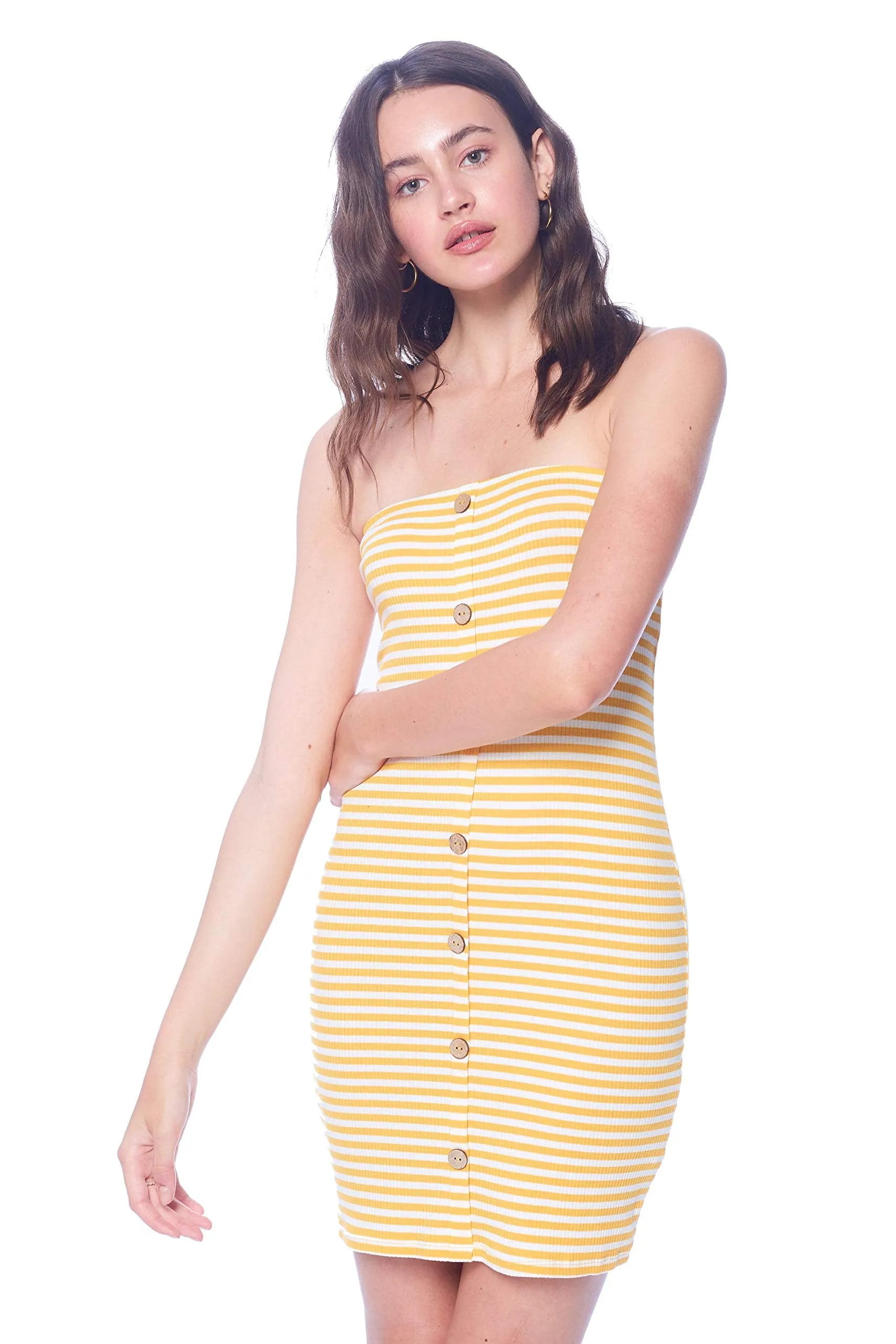 Khanomak Women's Striped Midi Ribbed Basic Bodycon Fitted Tube Dress