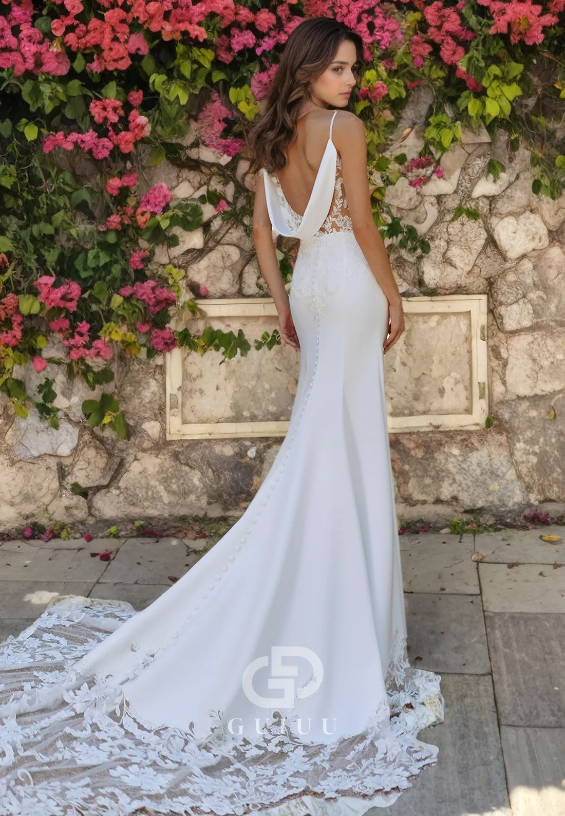 Lace Appliques V-Neck Sweep Train Wedding Dress with Spaghetti Straps and Buttons