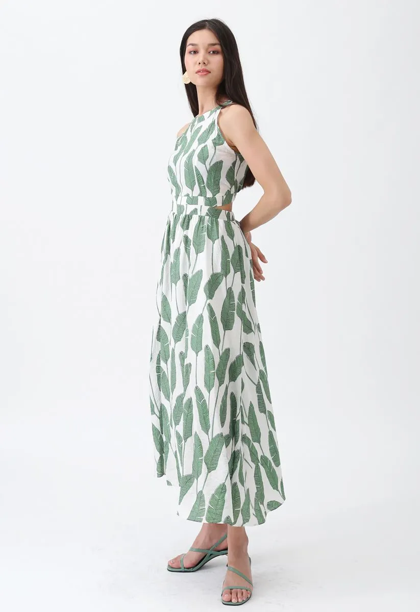 Leave Printed Sleeveless Halter Neck Maxi Dress
