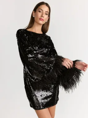 Lena Long-Sleeve Feather Trim Sequin Dress - Brands We Love