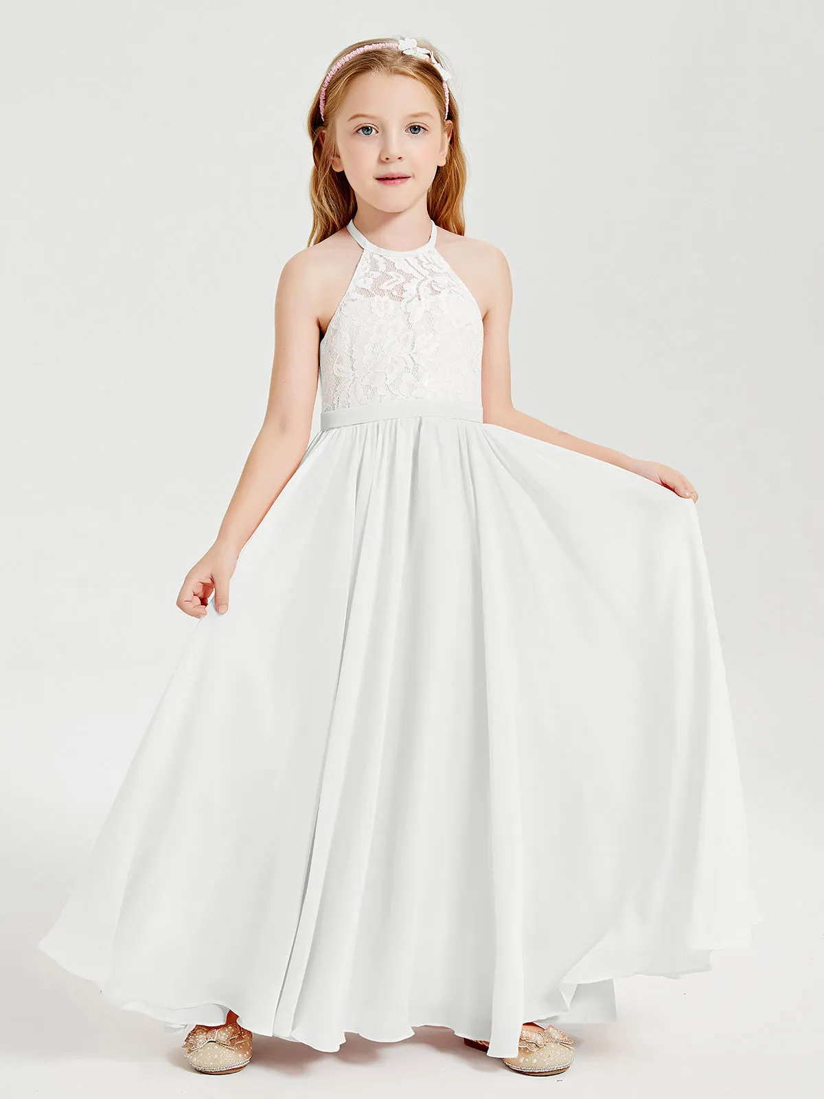 Long Chiffon Bridesmaid Dresses Lace Top Ivory