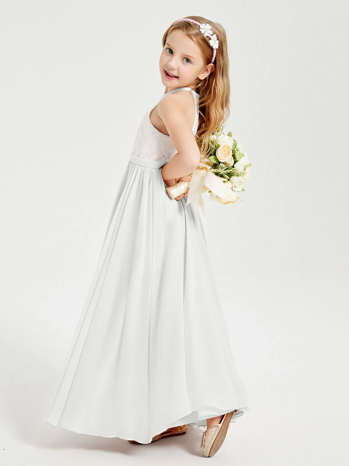 Long Chiffon Bridesmaid Dresses Lace Top Ivory