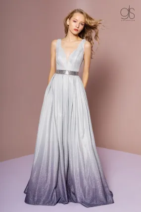 Long Ombre Glitter Dress with Sheer V-Neckline by Elizabeth K GL2678