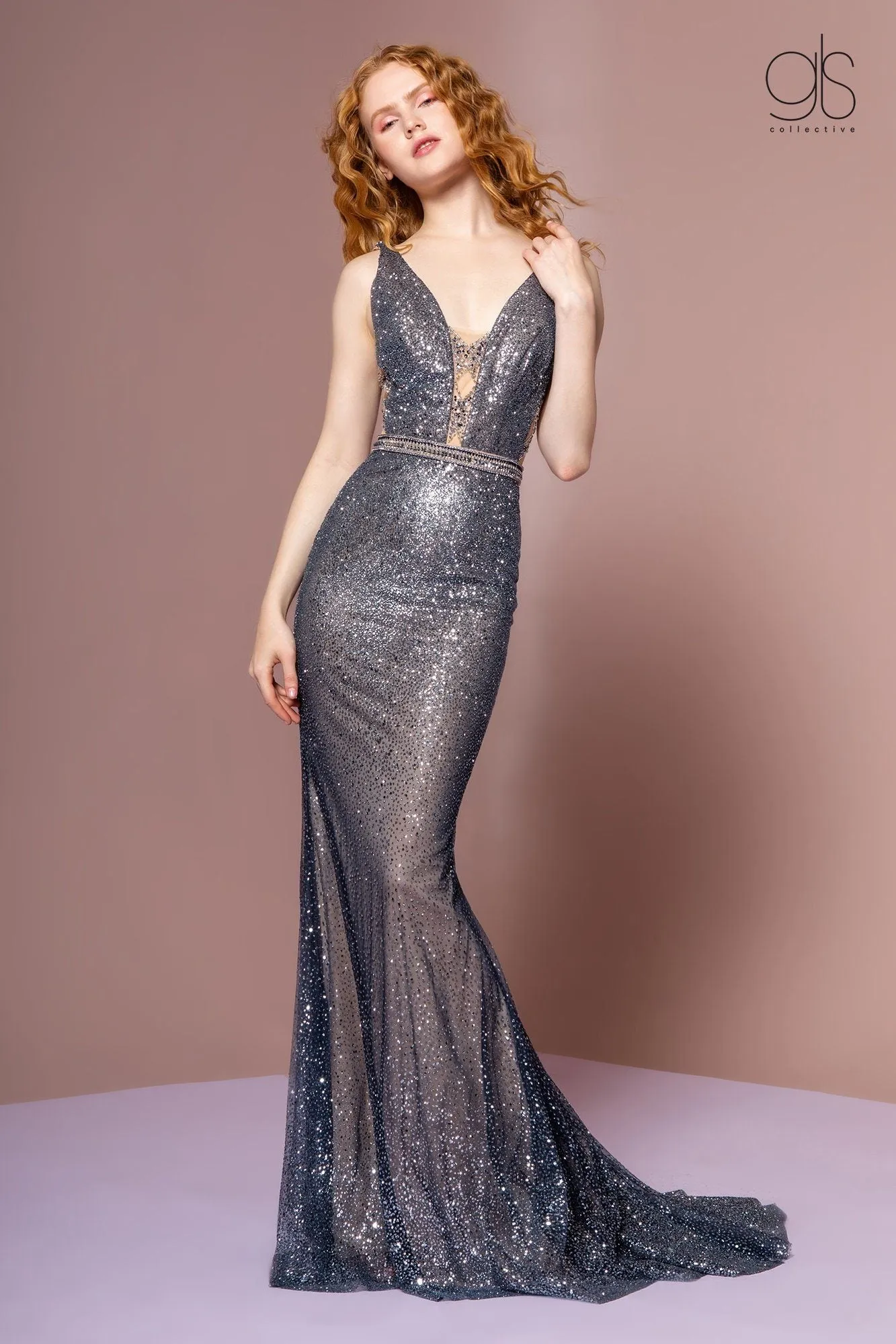 Long Ombre Glitter Dress with Sheer V-Neckline by Elizabeth K GL2678
