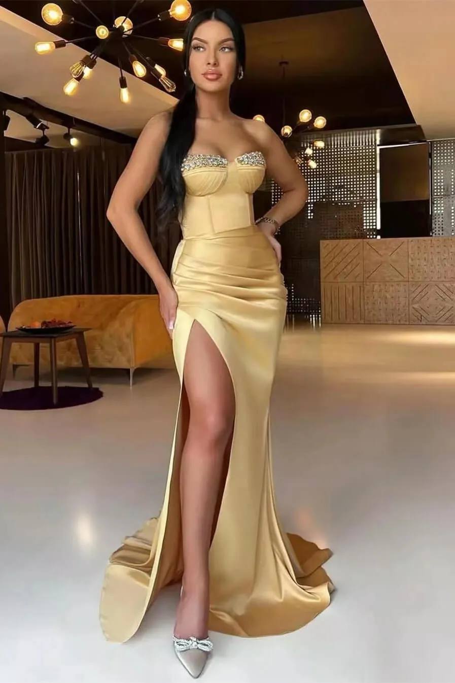 Long Strapless Satin Beadings Mermaid Prom Dress with Split