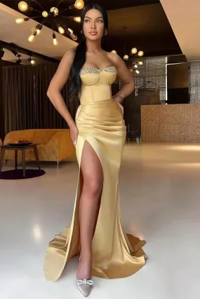 Long Strapless Satin Beadings Mermaid Prom Dress with Split