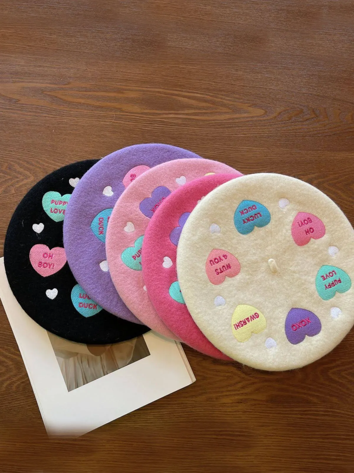Lots Of Love Embroidered Wool Beret Hat