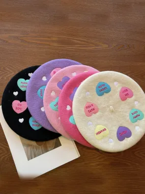 Lots Of Love Embroidered Wool Beret Hat