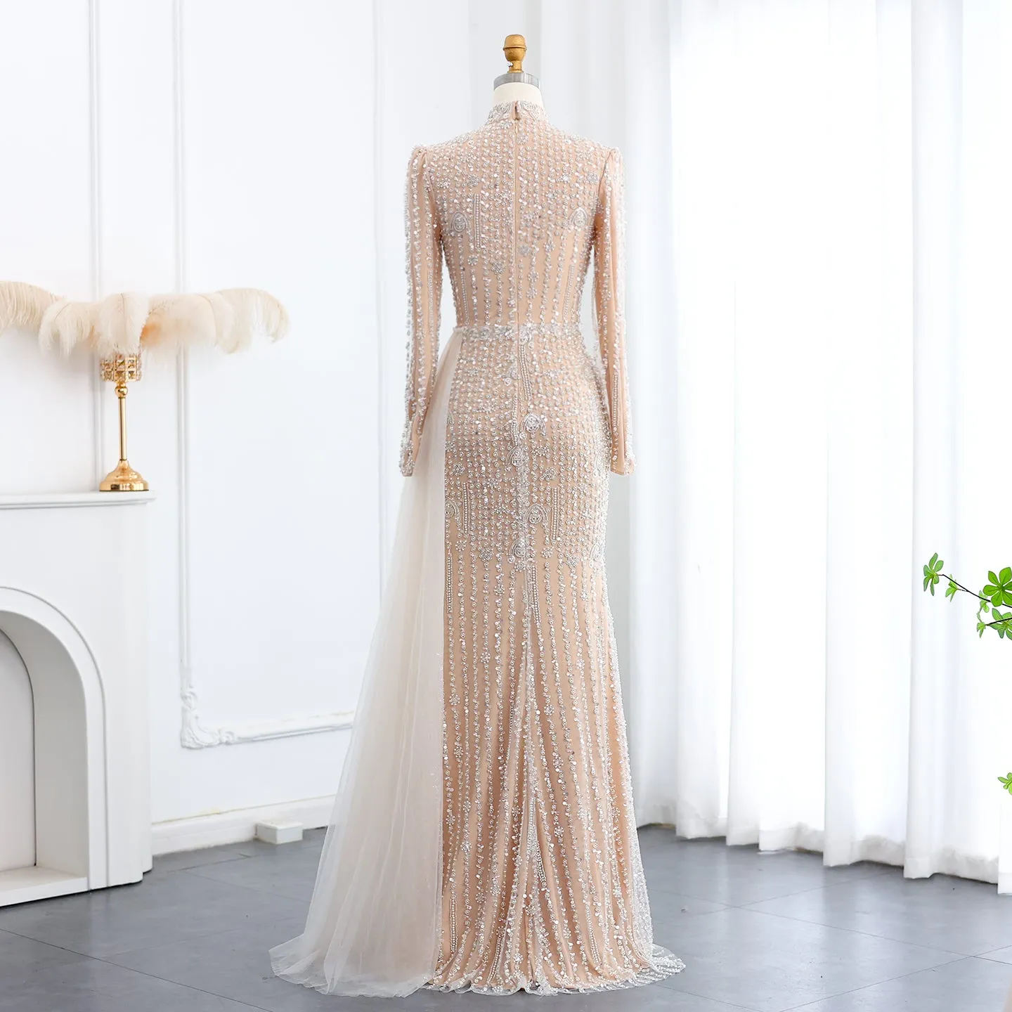 Luxury Long Sleeve Nude Evening Dress with Overskirt SS105