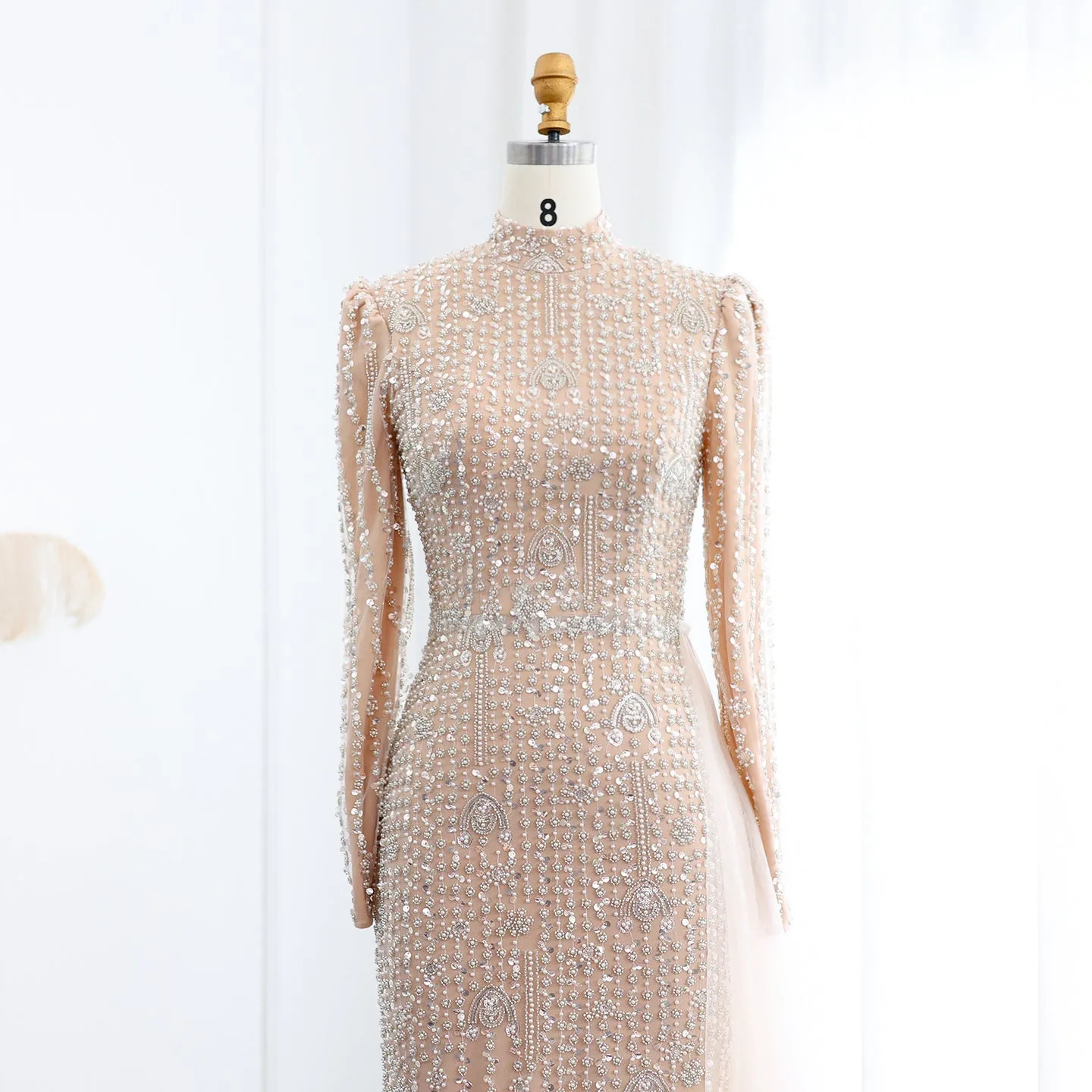 Luxury Long Sleeve Nude Evening Dress with Overskirt SS105