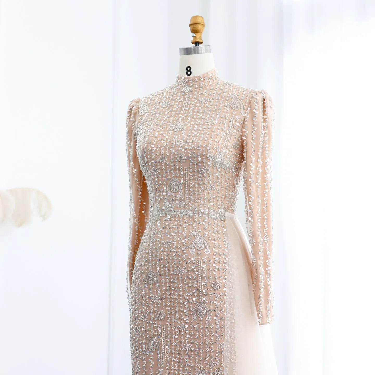 Luxury Long Sleeve Nude Evening Dress with Overskirt SS105