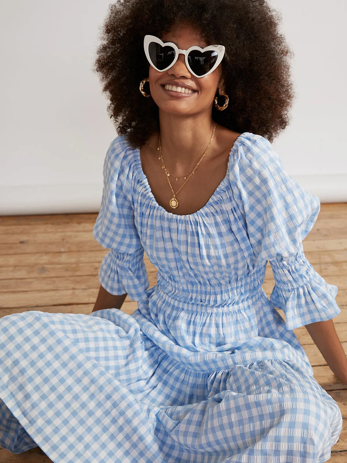 Margot Blue Gingham Midi Dress