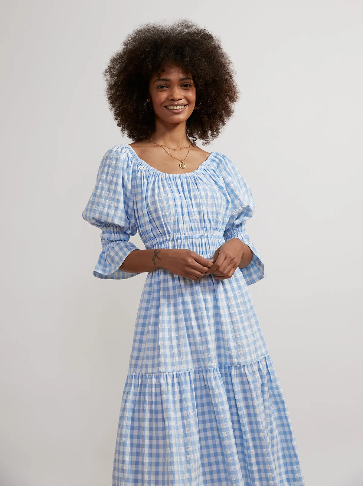 Margot Blue Gingham Midi Dress