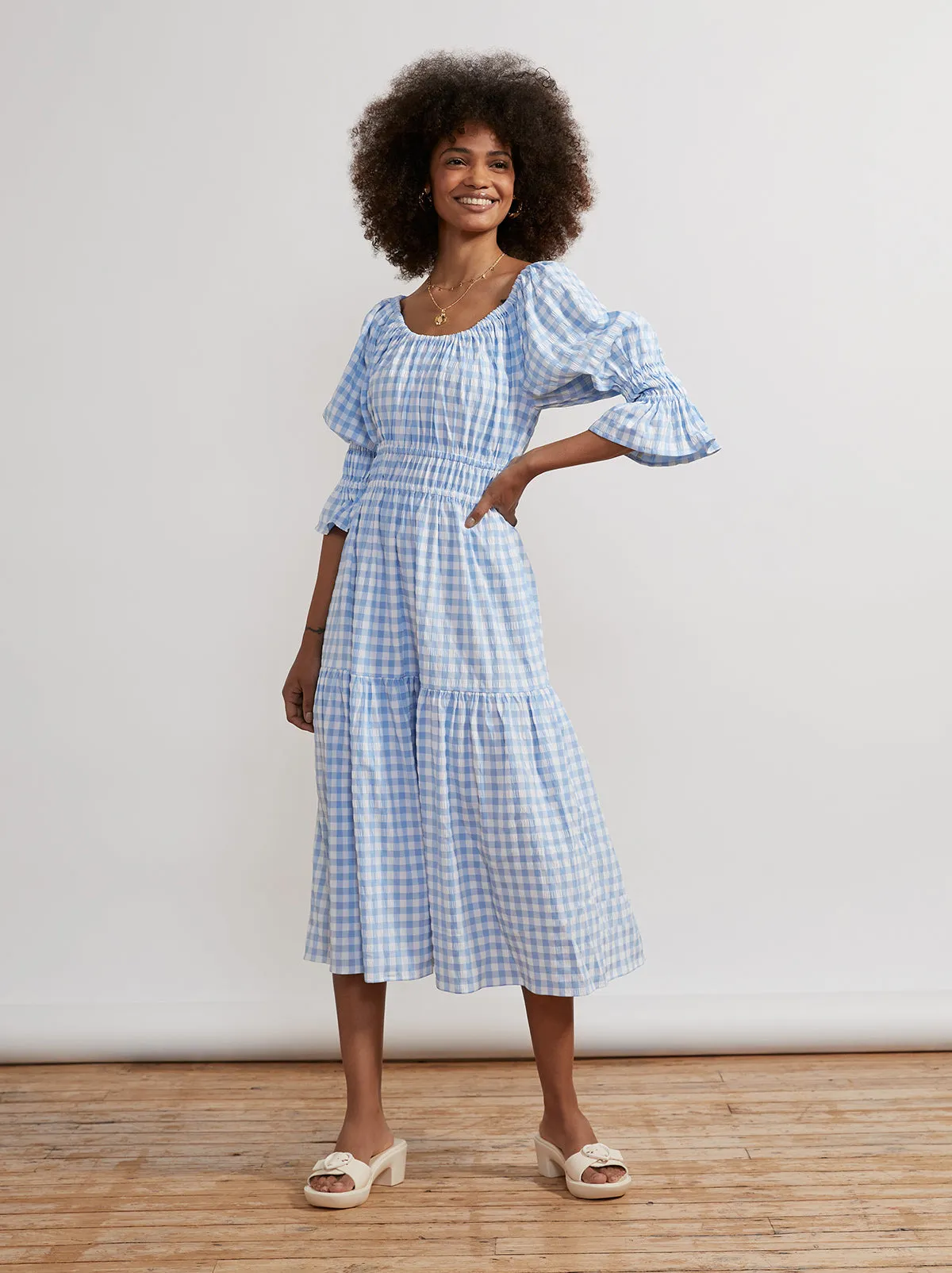 Margot Blue Gingham Midi Dress