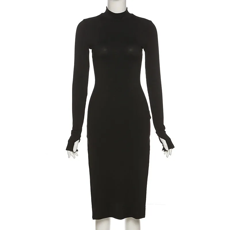MB FASHION High Neck Long Sleeve Bodycon Midi Dress 6508R