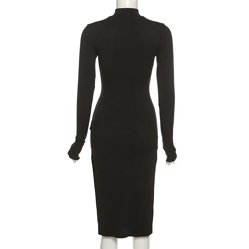 MB FASHION High Neck Long Sleeve Bodycon Midi Dress 6508R